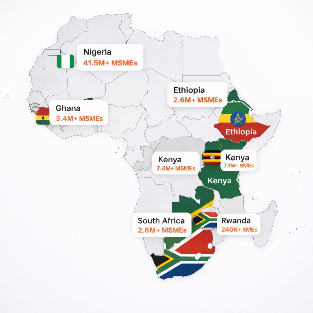 Map of Africa highlighting Pefoma's target markets with SME statistics