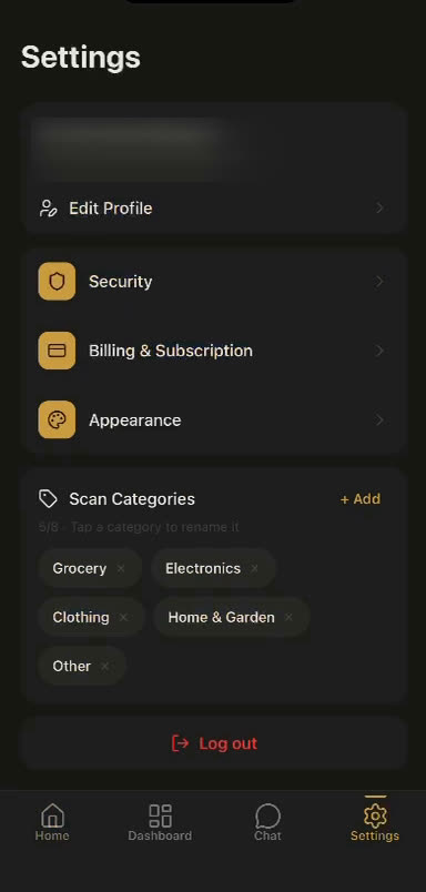 Settings screen with the Appearance option