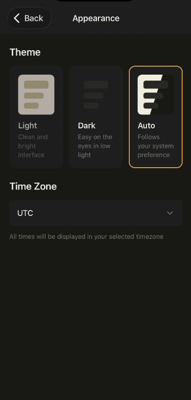 Appearance screen with Light, Dark, and Auto theme options