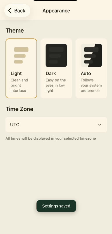 Appearance screen in light theme with a Settings saved confirmation