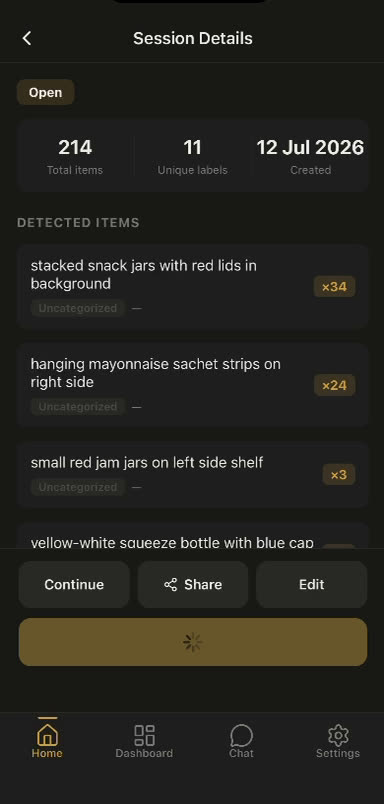 Session details screen with Continue, Share, and Edit buttons