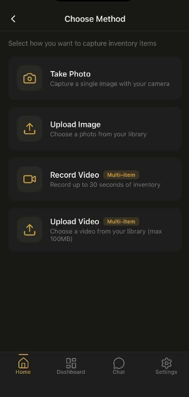 Choose Method screen with Take Photo, Upload Image, Record Video, and Upload Video